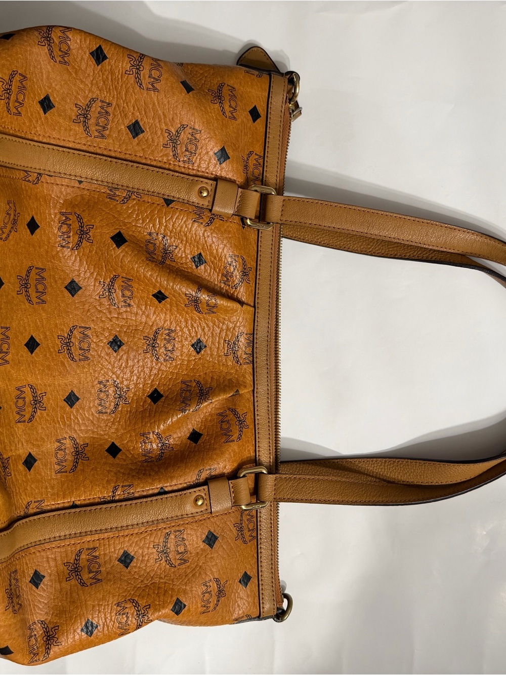Authentic MCM Cognac Logo-Print Tote Bag 2 Way Bag